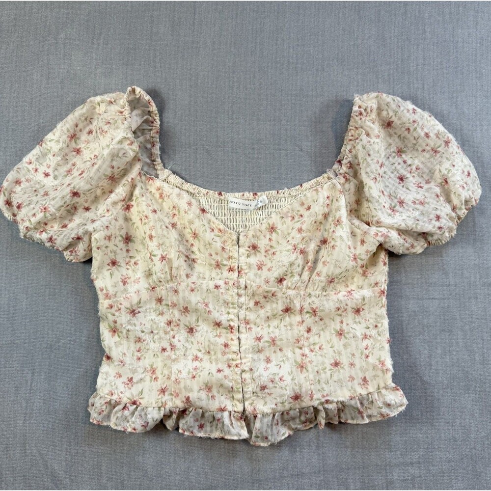 Altar'd State Pink Floral Puff Sleeve Crop Top XL Cottagecore Coquette Milkmaid